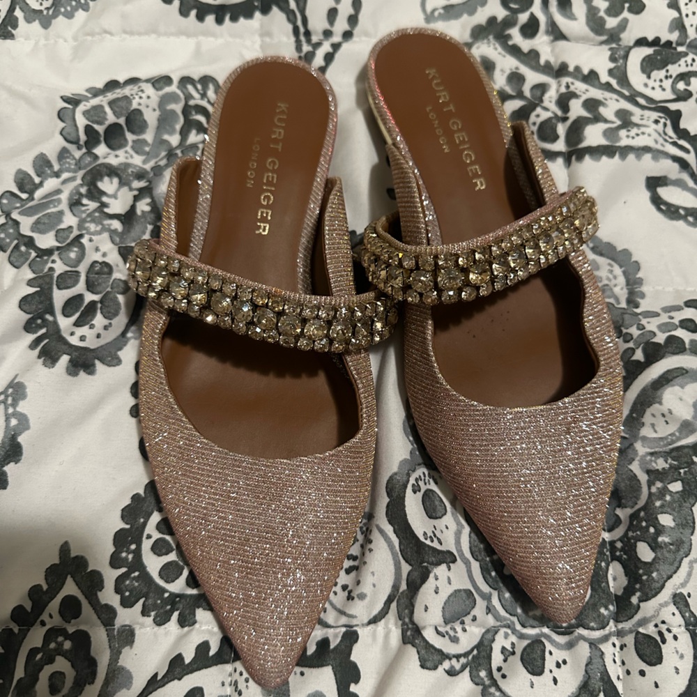 Kurt Geiger Rose Gold Glitter Pointed Slide Mules with Crystal Strap